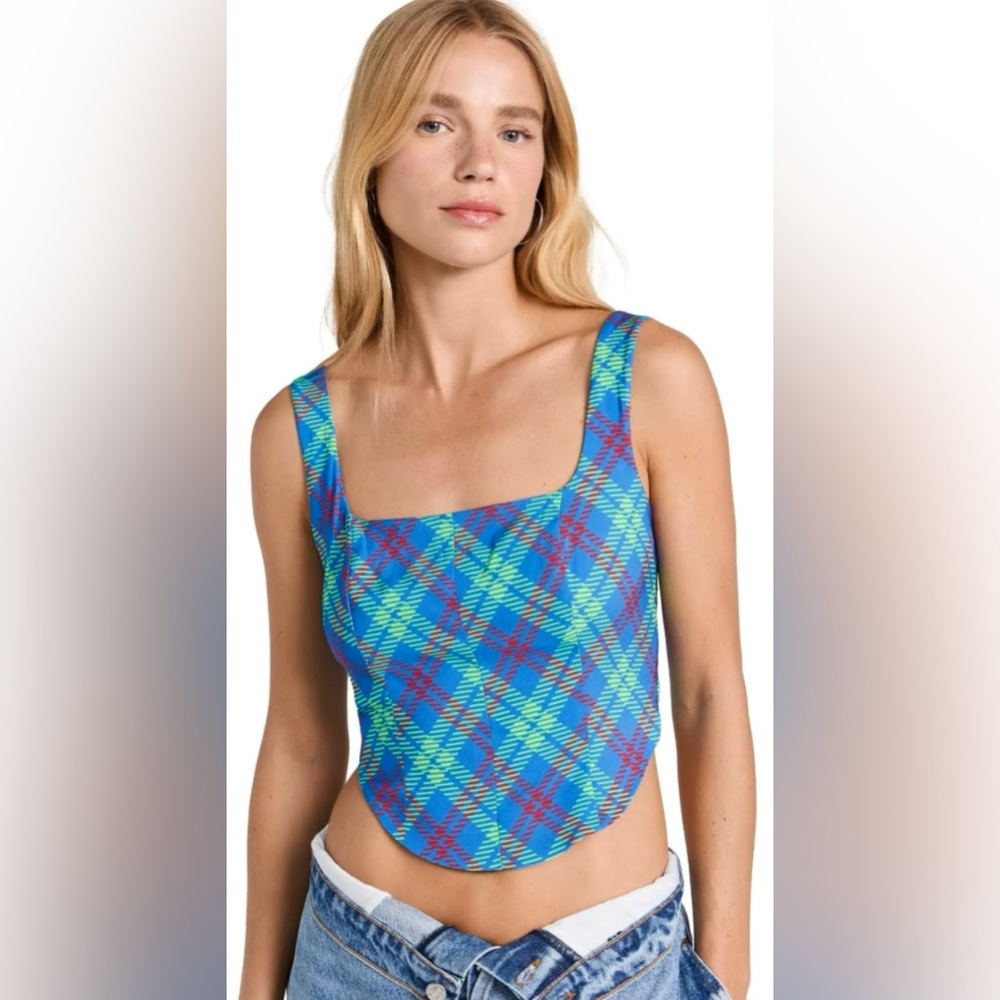 NWT$120 KITRI Crop Top Women US10 UK14 Ines Check Corset-Inspired Side Zip Blue